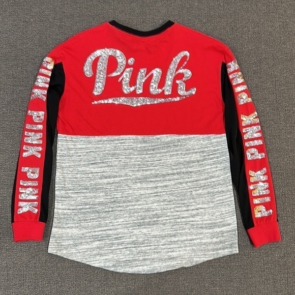 VS Pink Long Sleeve Crew Neck Top - Silver Bling - Size Medium - Picture 2 of 8